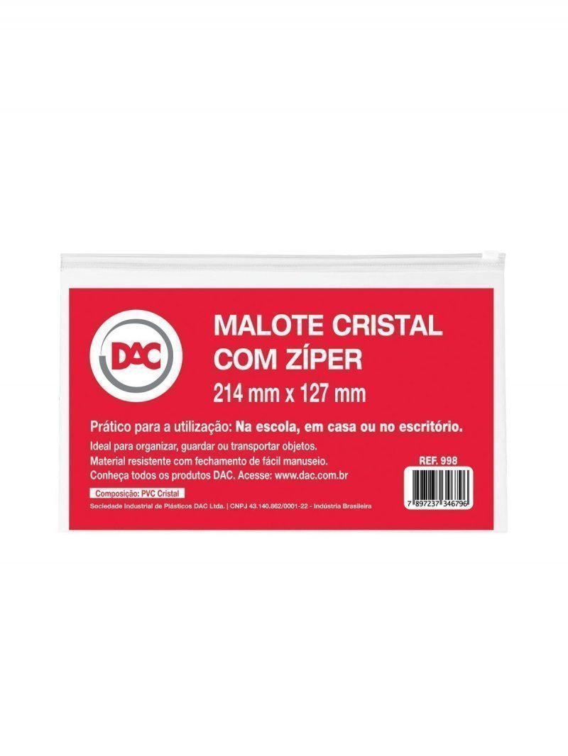 MALOTE COM ZÍPER TRANSPARENTE 214X127 - DAC - 998 Lojas Encopel
