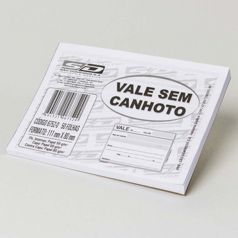 VALE SEM CANHOTO SIMPLES PACOTE COM 20 BLOCOS - SÃO DOMINGOS - 6752.0 Lojas Encopel